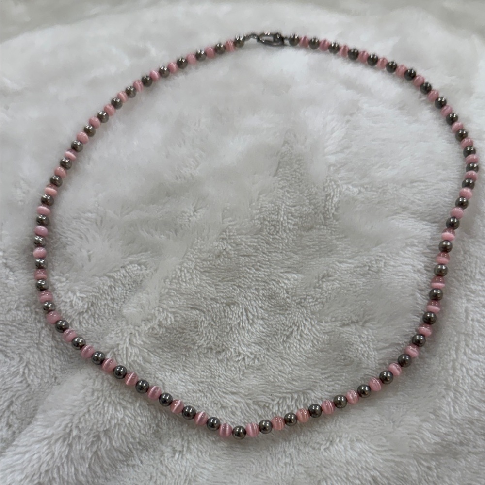 Pink Cats Eye -925 Silver Beaded Choker Necklace